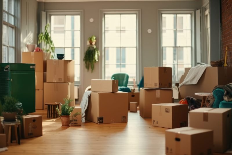 Une pièce lumineuse est remplie de nombreux cartons de déménagement, suggérant un déménagement particulier à Rambouillet.